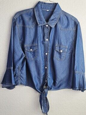 Chambray Pearl Snap Western Tie Front Top Large Bell Sleeve